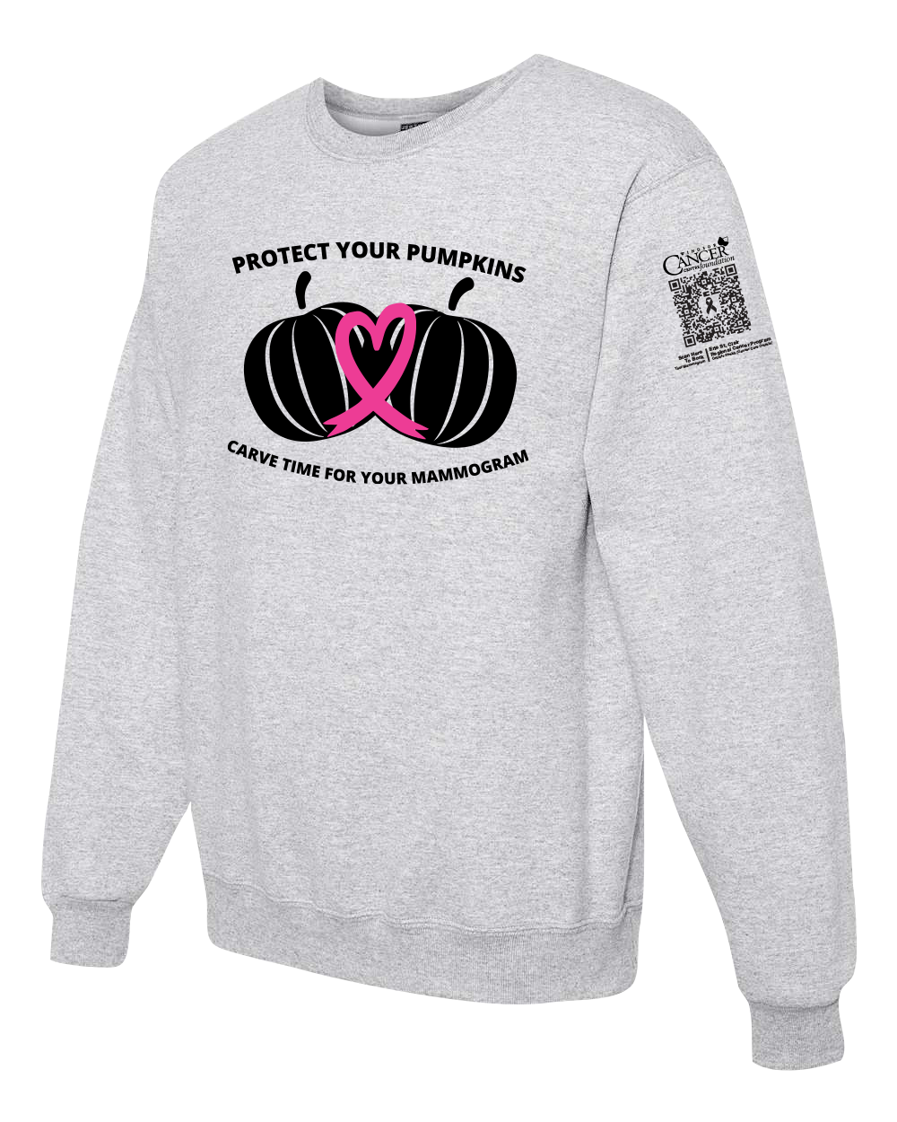 Ash crewneck sweatshirt with black and pink pumpkin design and text for protect your pumpkins and mammogram screening