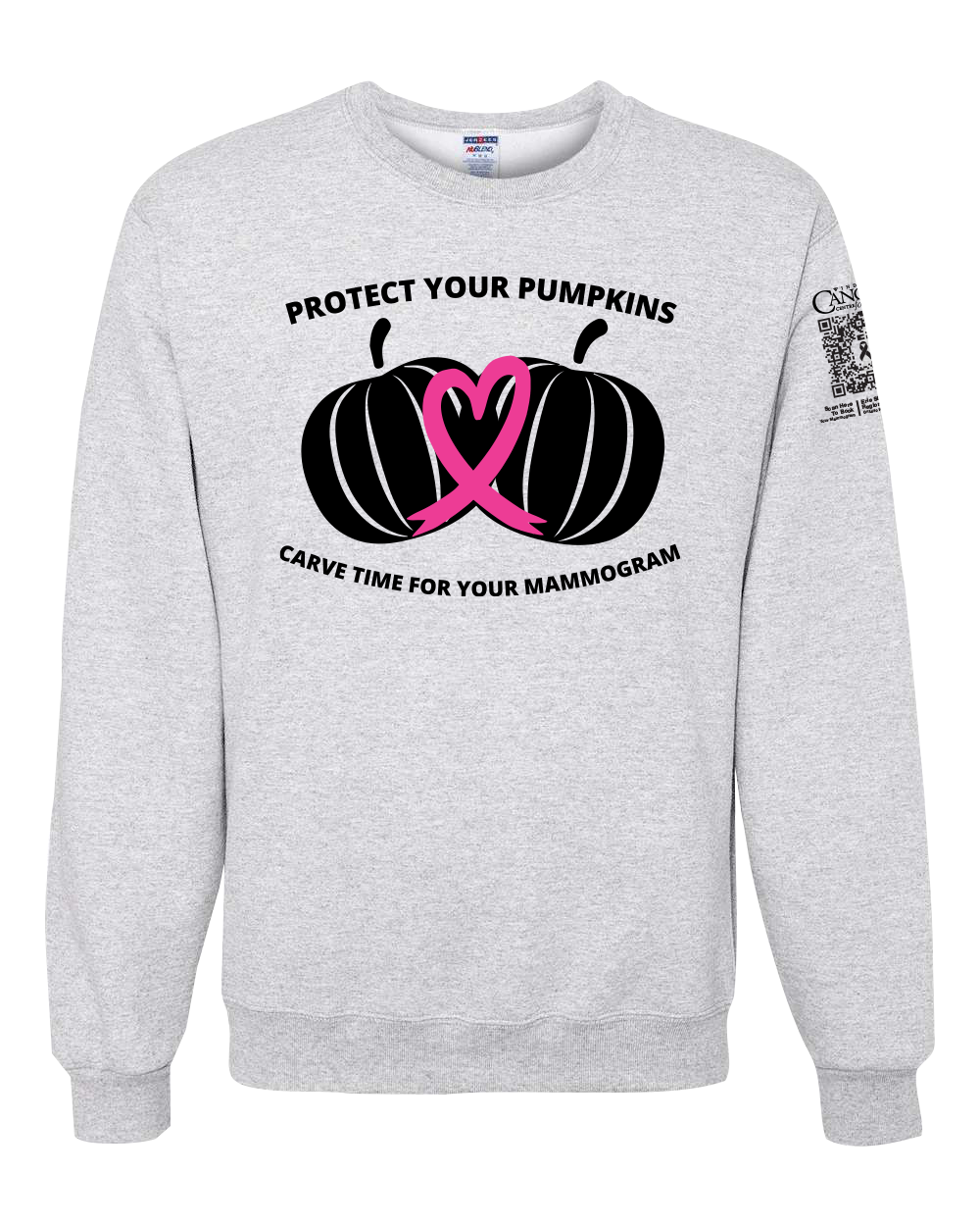 Ash crewneck sweatshirt with black and pink pumpkin design and text for protect your pumpkins and mammogram screening