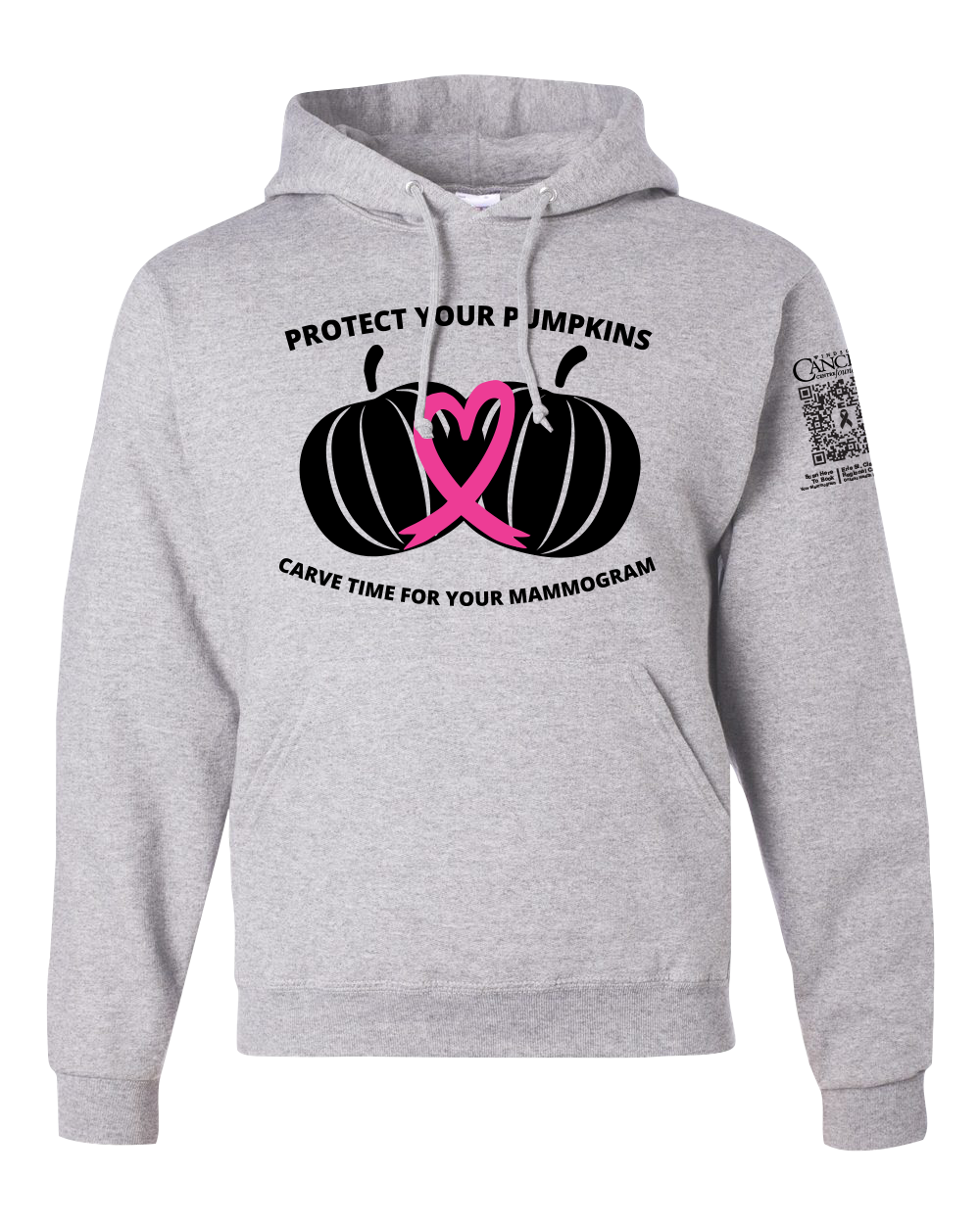 Ash hoodie with black and pink pumpkin design and text for protect your pumpkins and mammogram screening