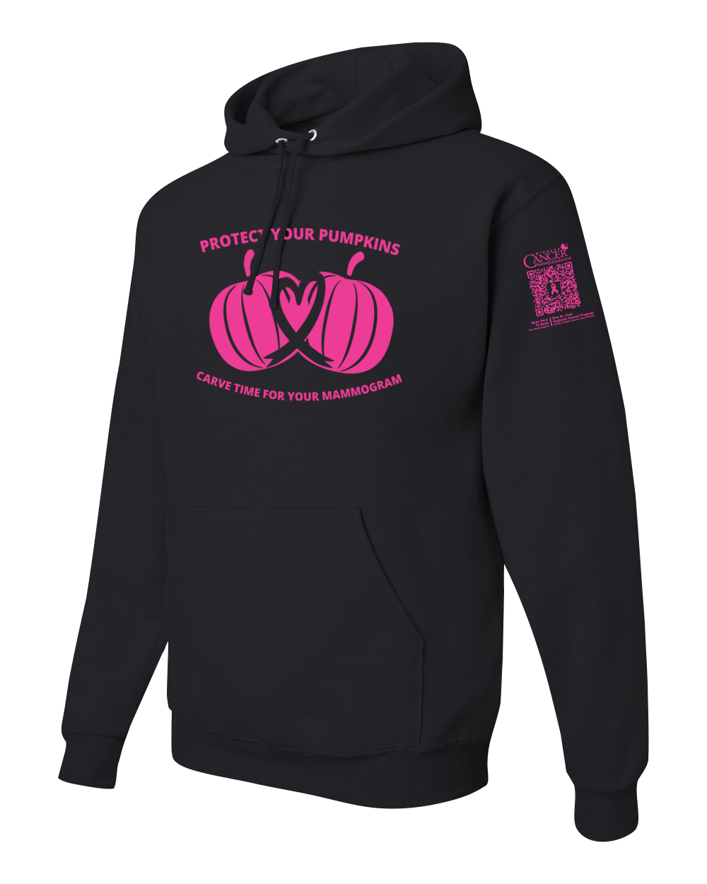 Black hoodie with pink pumpkin design and text for protect your pumpkins and mammogram screening
