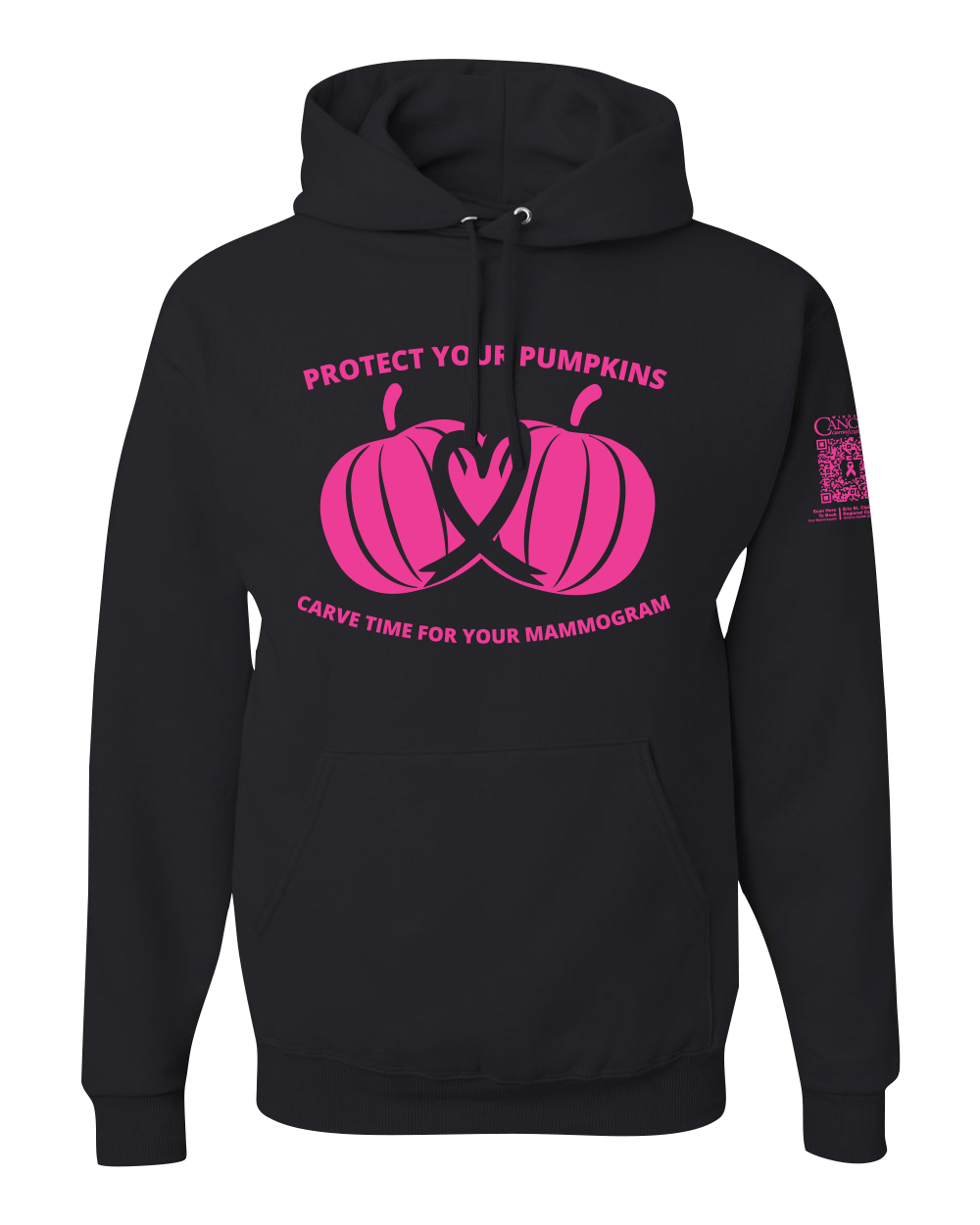 Black hoodie with pink pumpkin design and text for protect your pumpkins and mammogram screening