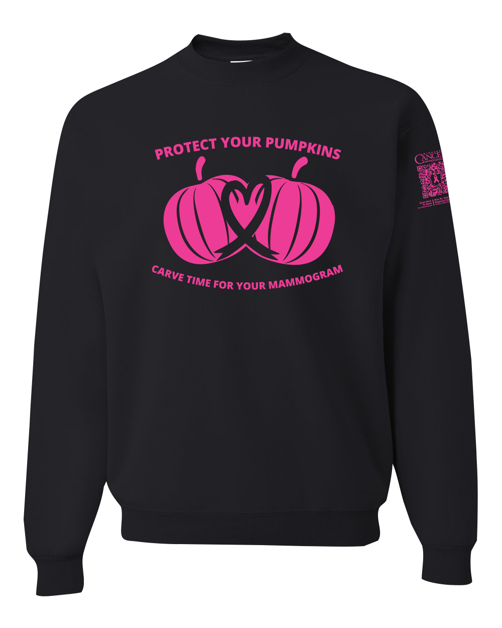 Black crewneck sweatshirt with pink pumpkin design and text for protect your pumpkins and mammogram screening