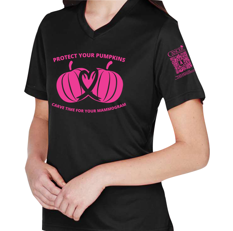 Black v-neck fitted shirt with pink pumpkin design and text for protect your pumpkins and mammogram screening