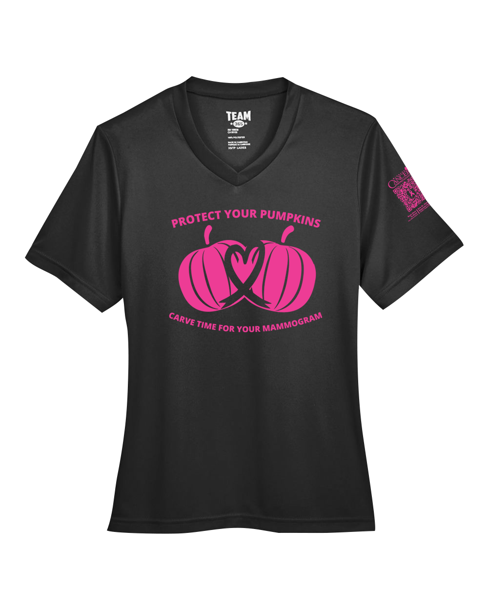 Black v-neck fitted shirt with pink pumpkin design and text for protect your pumpkins and mammogram screening