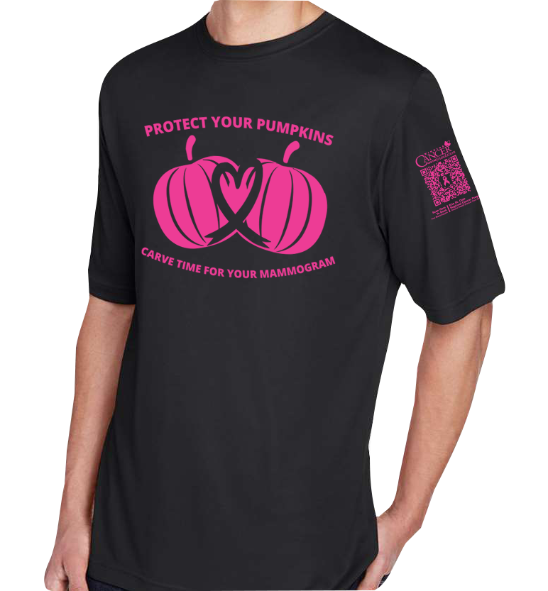 Black crewneck t-shirt with pink pumpkin design and text for protect your pumpkins and mammogram screening