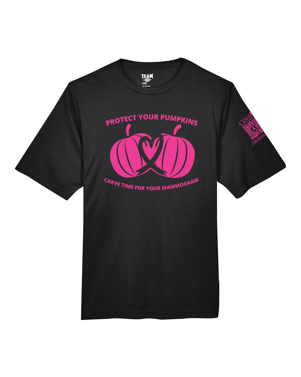 Black crewneck t-shirt with pink pumpkin design and text for protect your pumpkins and mammogram screening