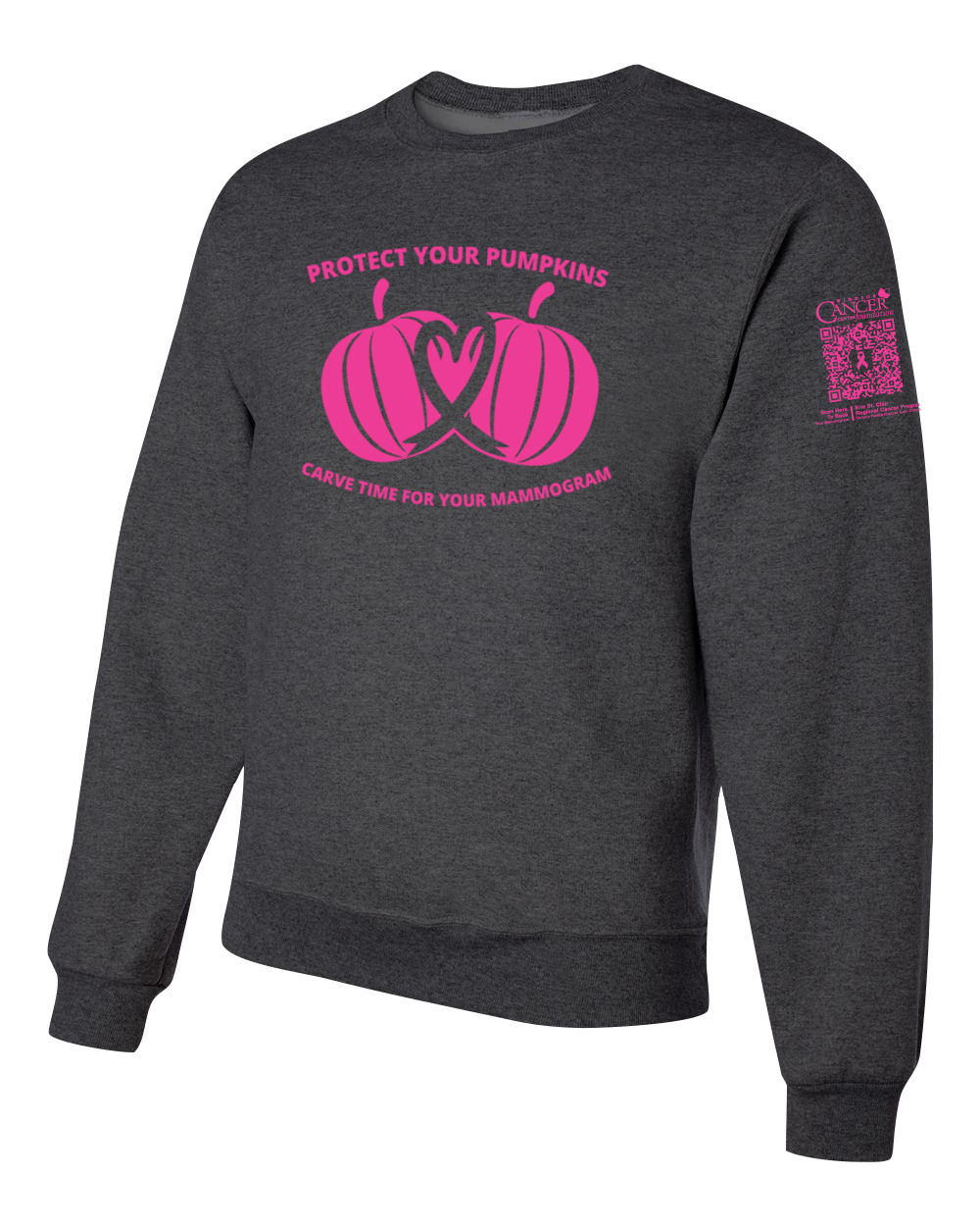 Heather black crewneck sweatshirt with pink pumpkin design and text for protect your pumpkins and mammogram screening
