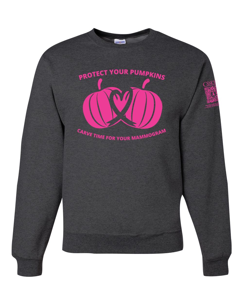 Heather black crewneck sweatshirt with pink pumpkin design and text for protect your pumpkins and mammogram screening