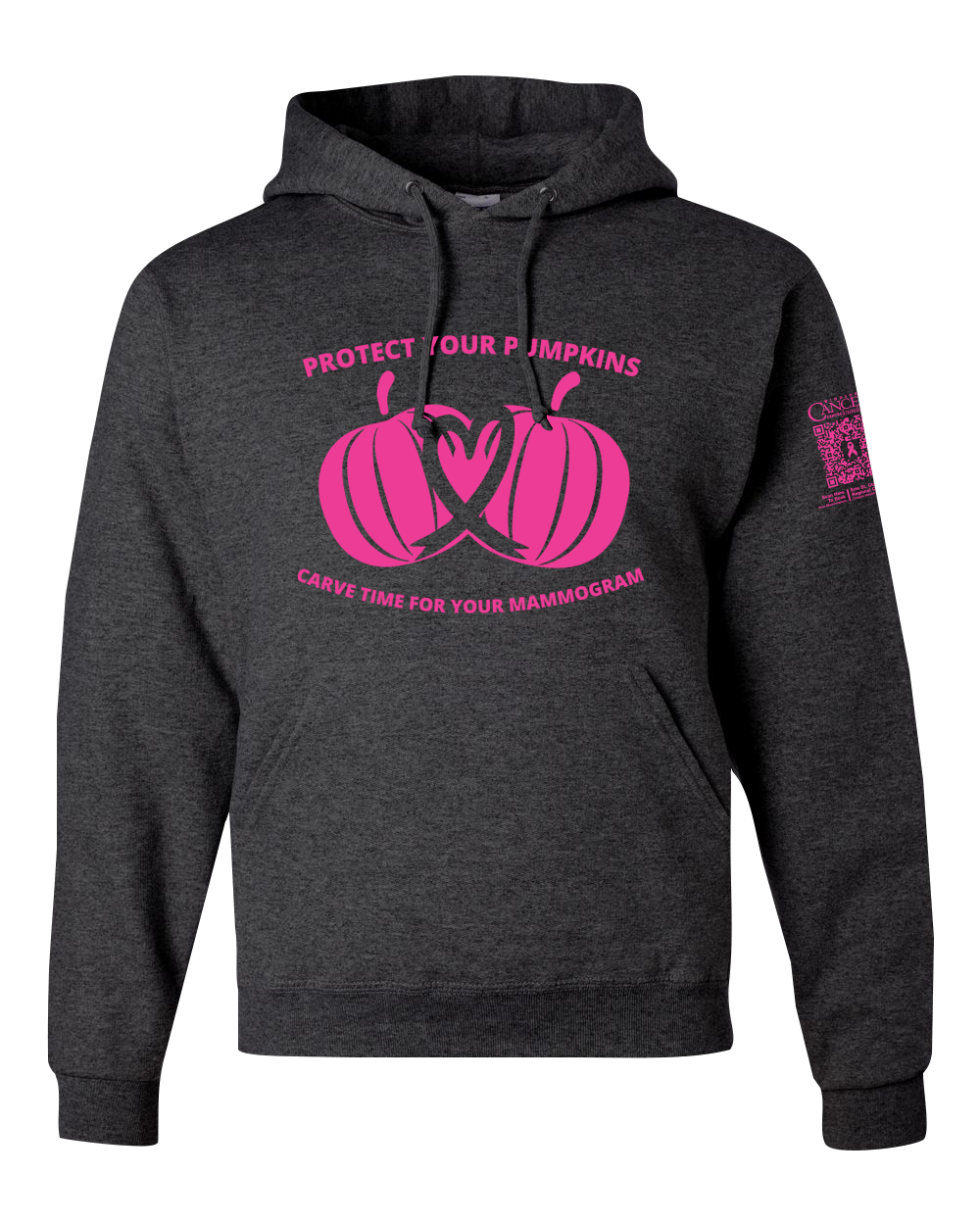 Heather black hoodie with pink pumpkin design and text for protect your pumpkins and mammogram screening