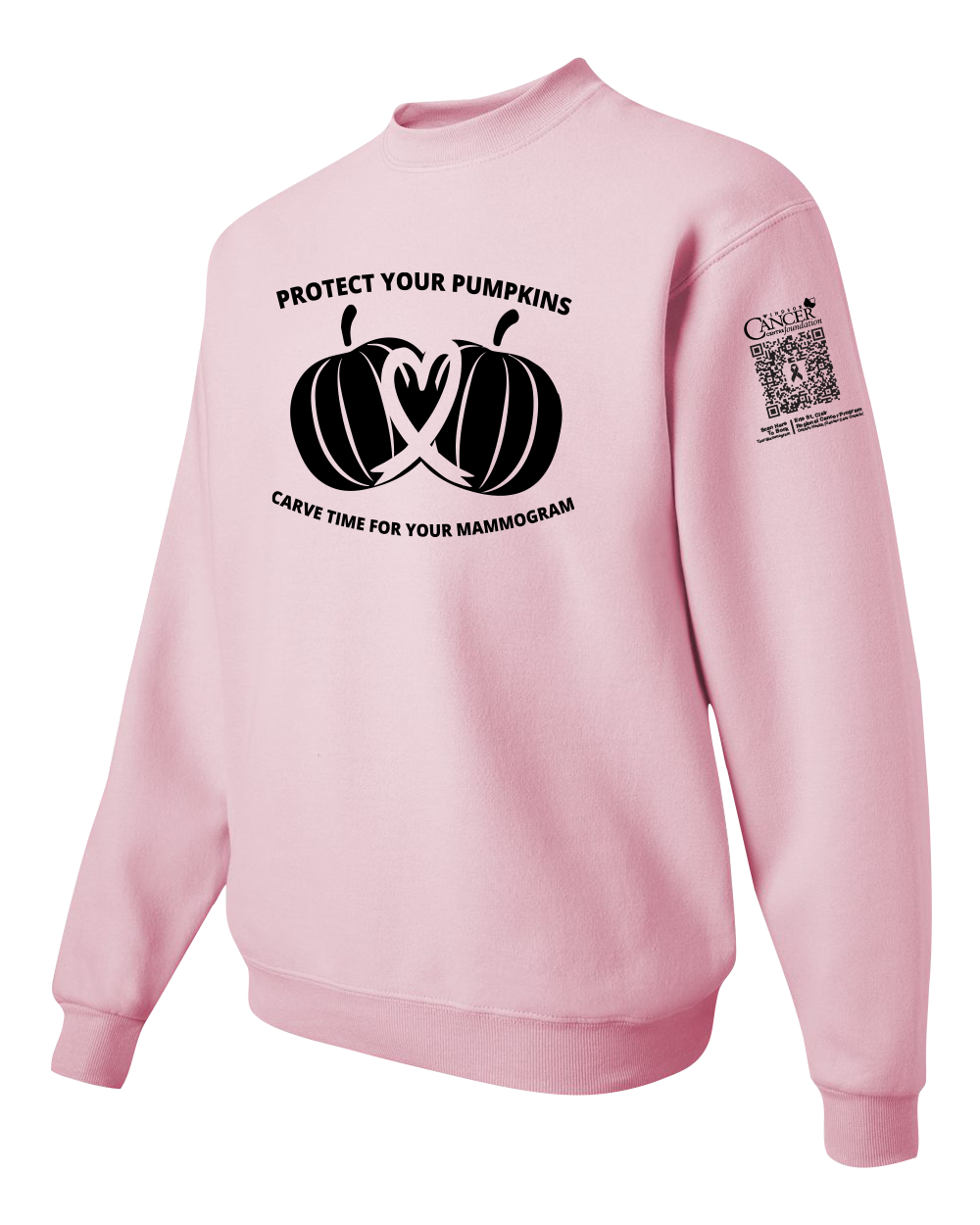 Pink crewneck sweatshirt with black pumpkin design and text for protect your pumpkins and mammogram screening