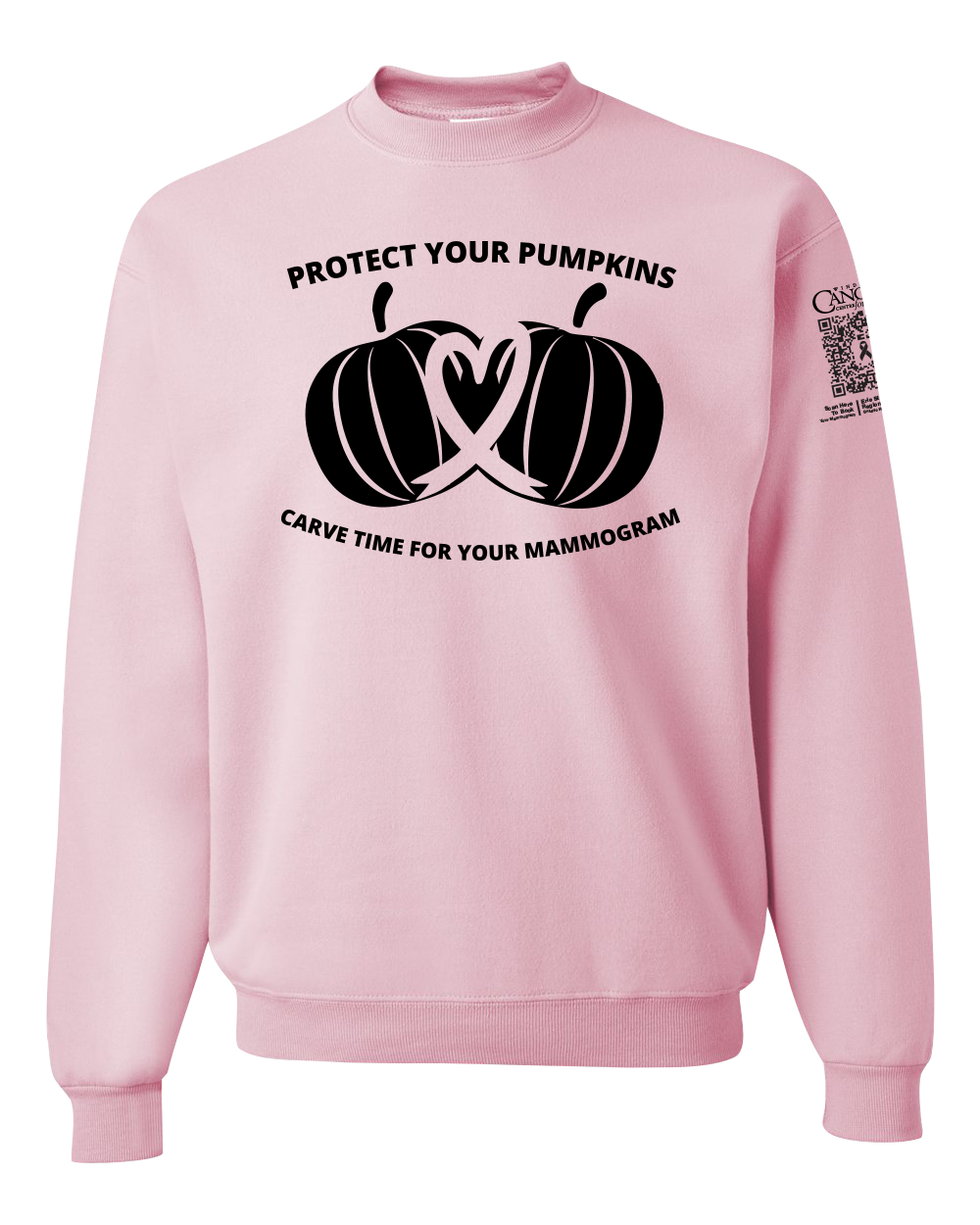 Pink crewneck sweatshirt with black pumpkin design and text for protect your pumpkins and mammogram screening