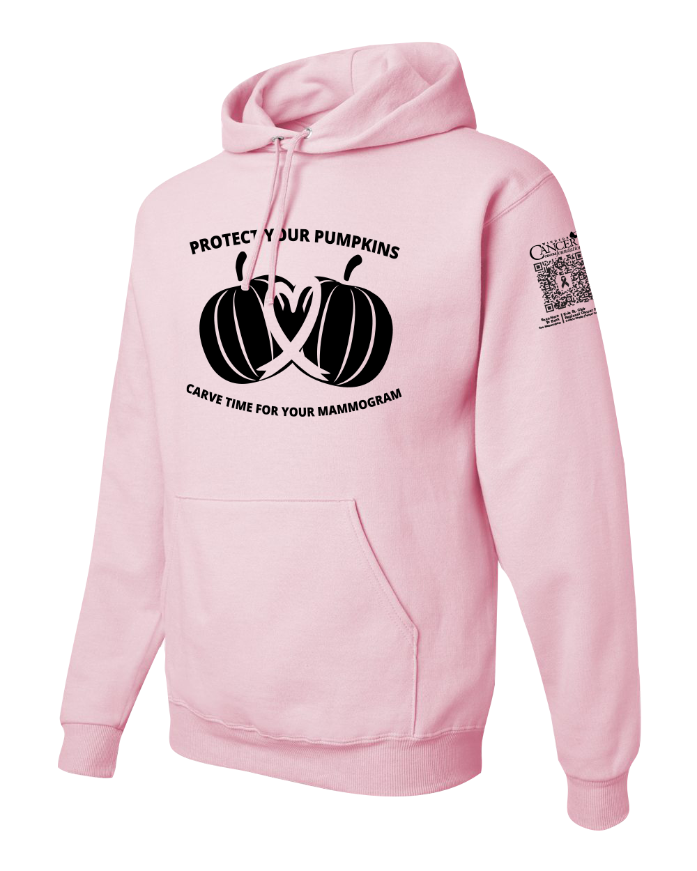 Light pink hoodie with black pumpkin design and text for protect your pumpkins and mammogram screening