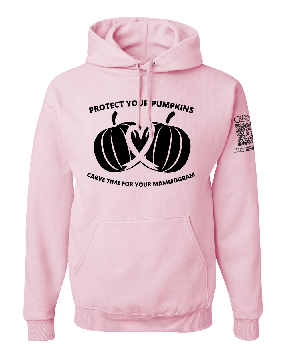 Light pink hoodie with black pumpkin design and text for protect your pumpkins and mammogram screening