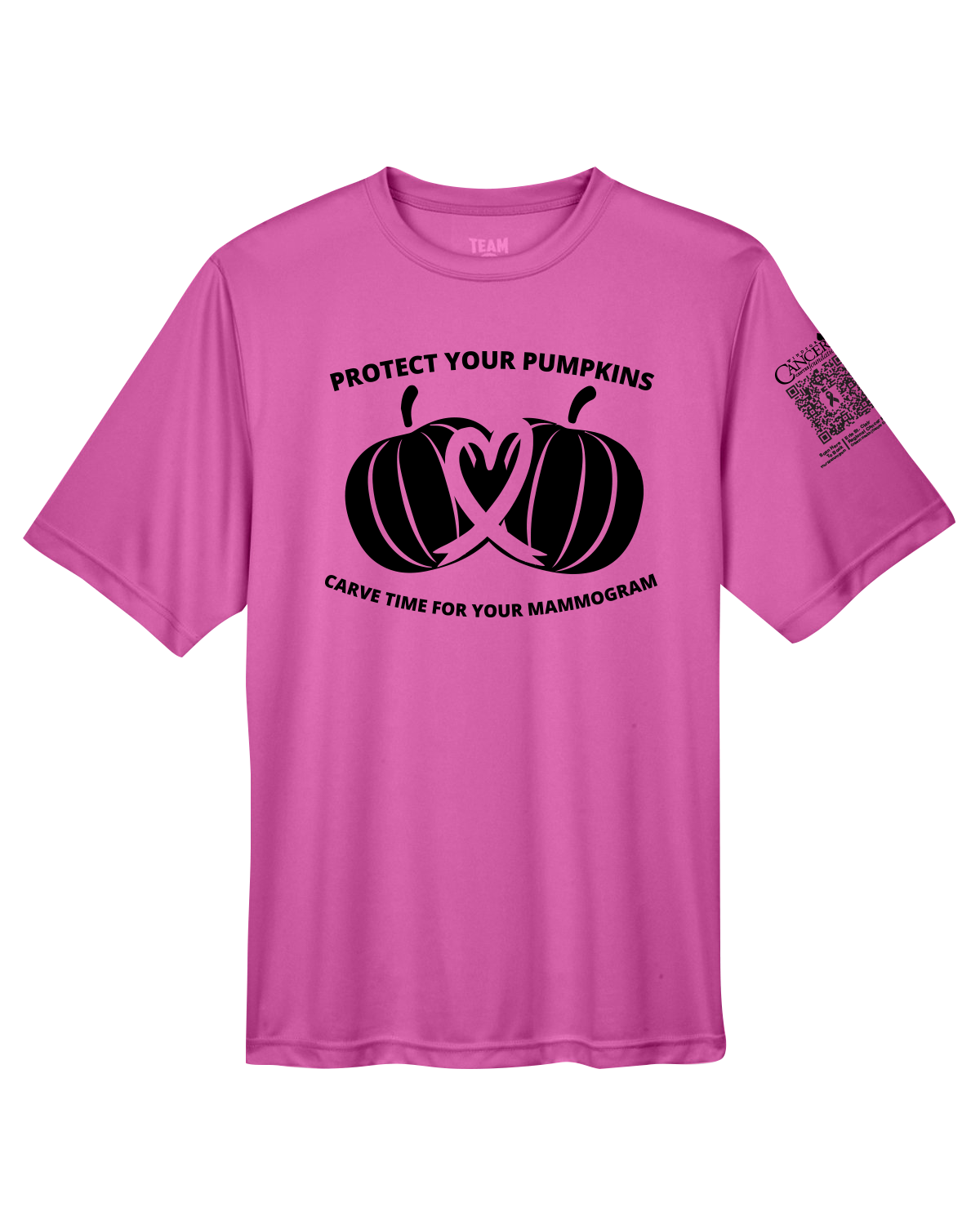Pink crewneck t-shirt with black pumpkin design and text for protect your pumpkins and mammogram screening