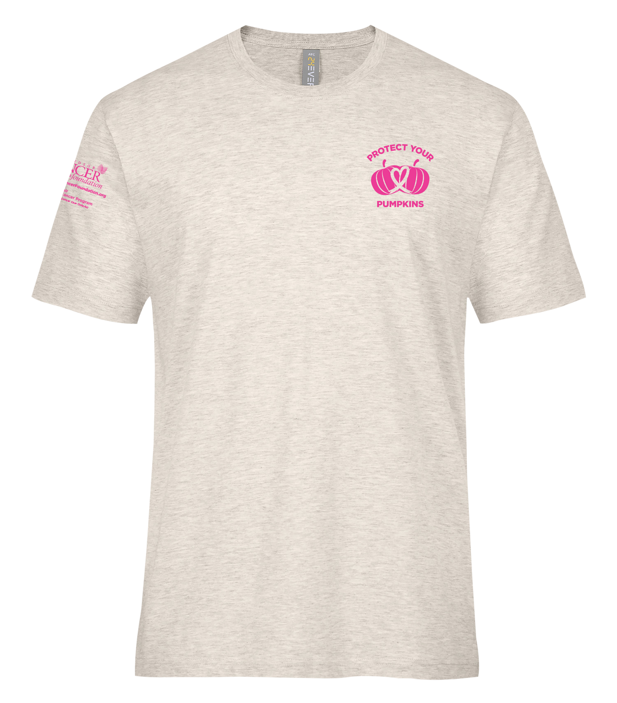 A light heather gray crewneck t-shirt with a pink graphic on the left chest reading 'PROTECT YOUR PUMPKINS' around a pumpkin and heart design, plus a pink sleeve print on the right arm.