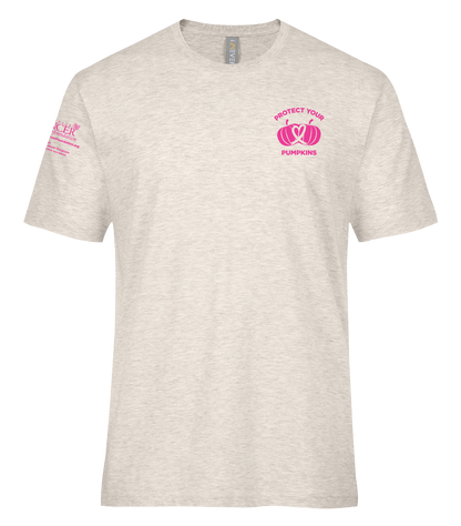 A light heather gray crewneck t-shirt with a pink graphic on the left chest reading 'PROTECT YOUR PUMPKINS' around a pumpkin and heart design, plus a pink sleeve print on the right arm.