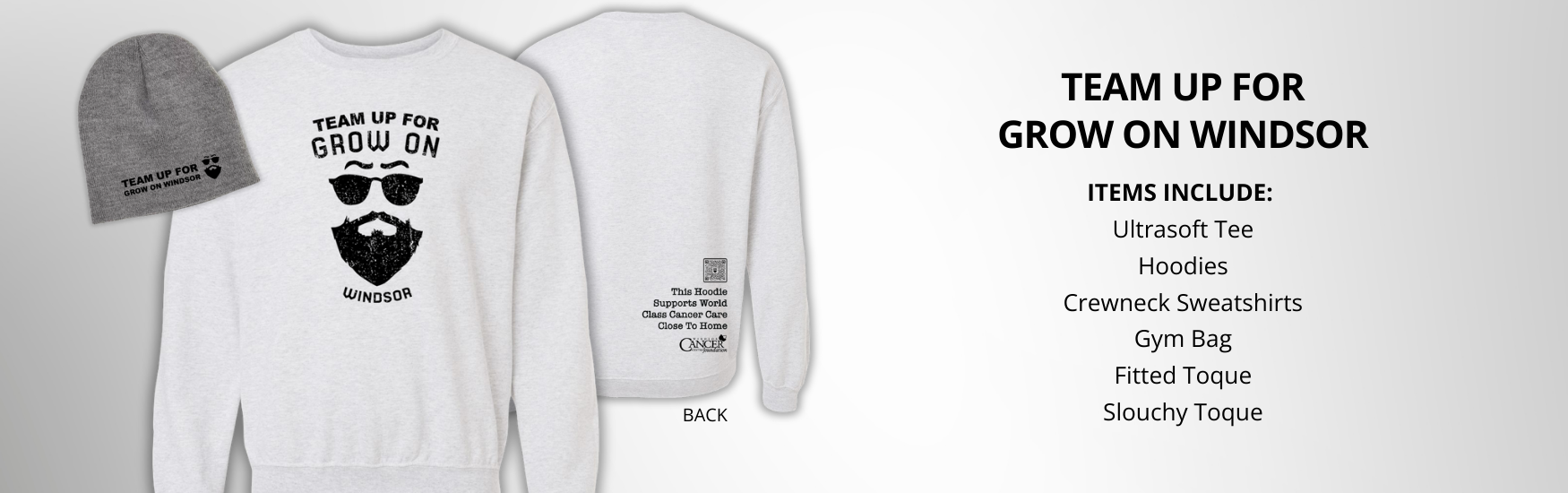 Ash sweatshirt with black text and graphics, gray beanie, and promotional text for 'Grow on Windsor' brand.