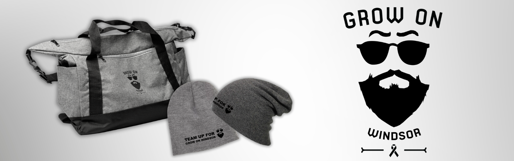 Gray tote bag and beanie with 'Grow On Windsor' logo on a white background