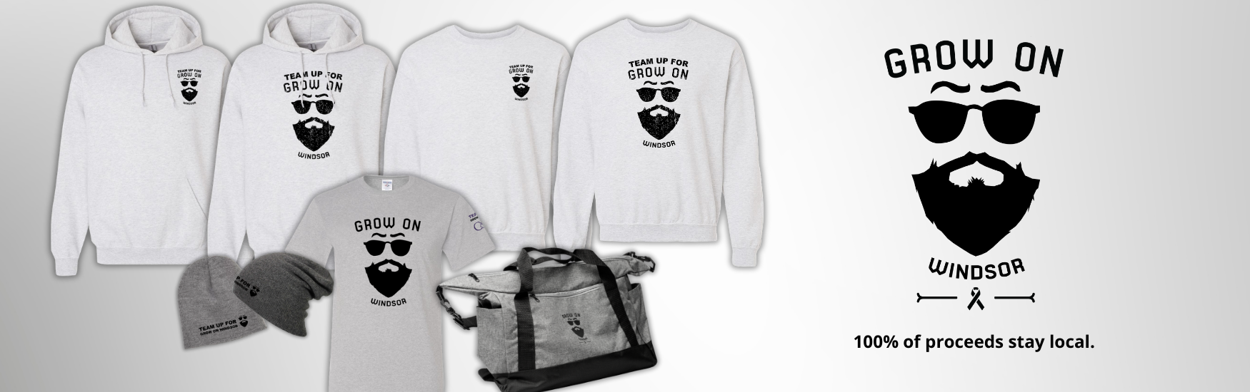 Collection of hoodies, t-shirts, and a bag with 'Grow On Windsor' branding on a light gray background.