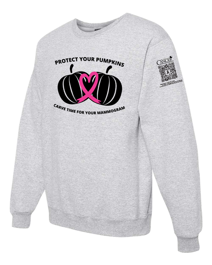 Ash crewneck sweatshirt with black and pink pumpkin design and text for protect your pumpkins and mammogram screening