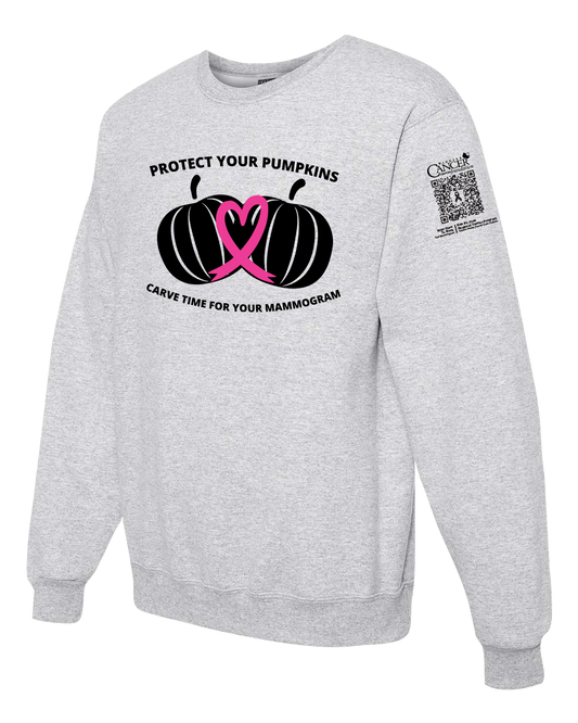 Ash crewneck sweatshirt with black and pink pumpkin design and text for protect your pumpkins and mammogram screening