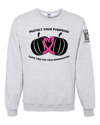 Ash crewneck sweatshirt with black and pink pumpkin design and text for protect your pumpkins and mammogram screening