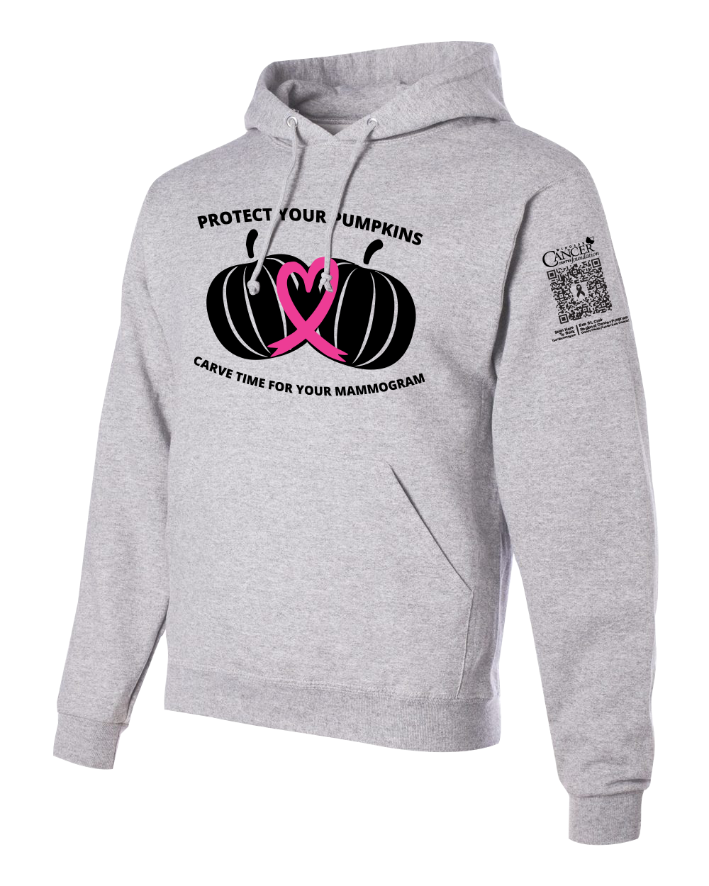 Ash hoodie with black and pink pumpkin design and text for protect your pumpkins and mammogram screening