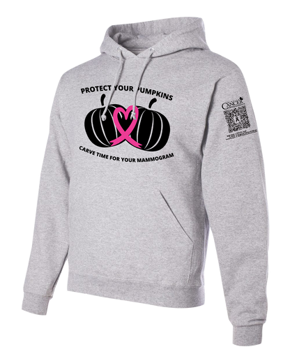 Ash hoodie with black and pink pumpkin design and text for protect your pumpkins and mammogram screening