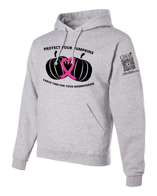 Ash hoodie with black and pink pumpkin design and text for protect your pumpkins and mammogram screening