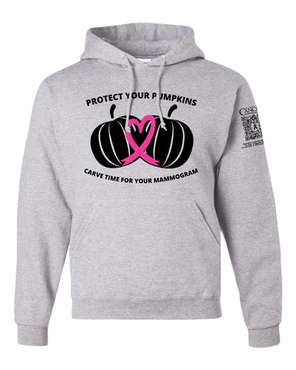 Ash hoodie with black and pink pumpkin design and text for protect your pumpkins and mammogram screening