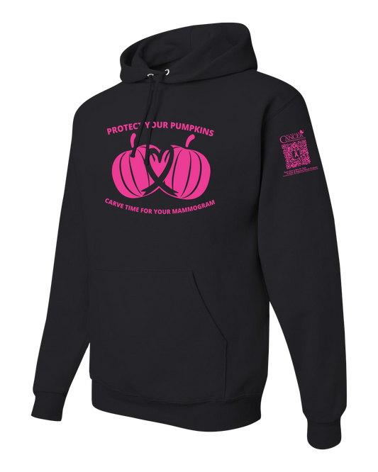 Black hoodie with pink pumpkin design and text for protect your pumpkins and mammogram screening