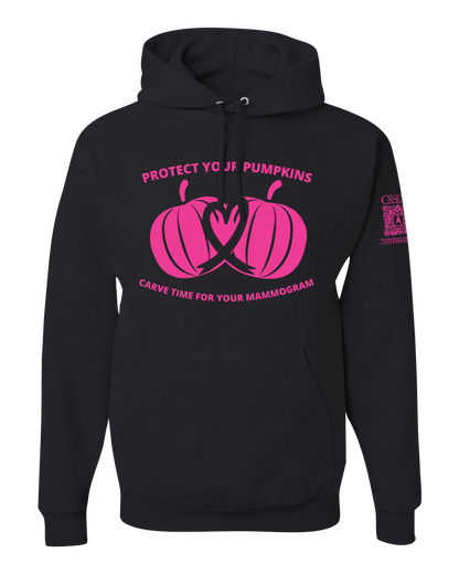 Black hoodie with pink pumpkin design and text for protect your pumpkins and mammogram screening