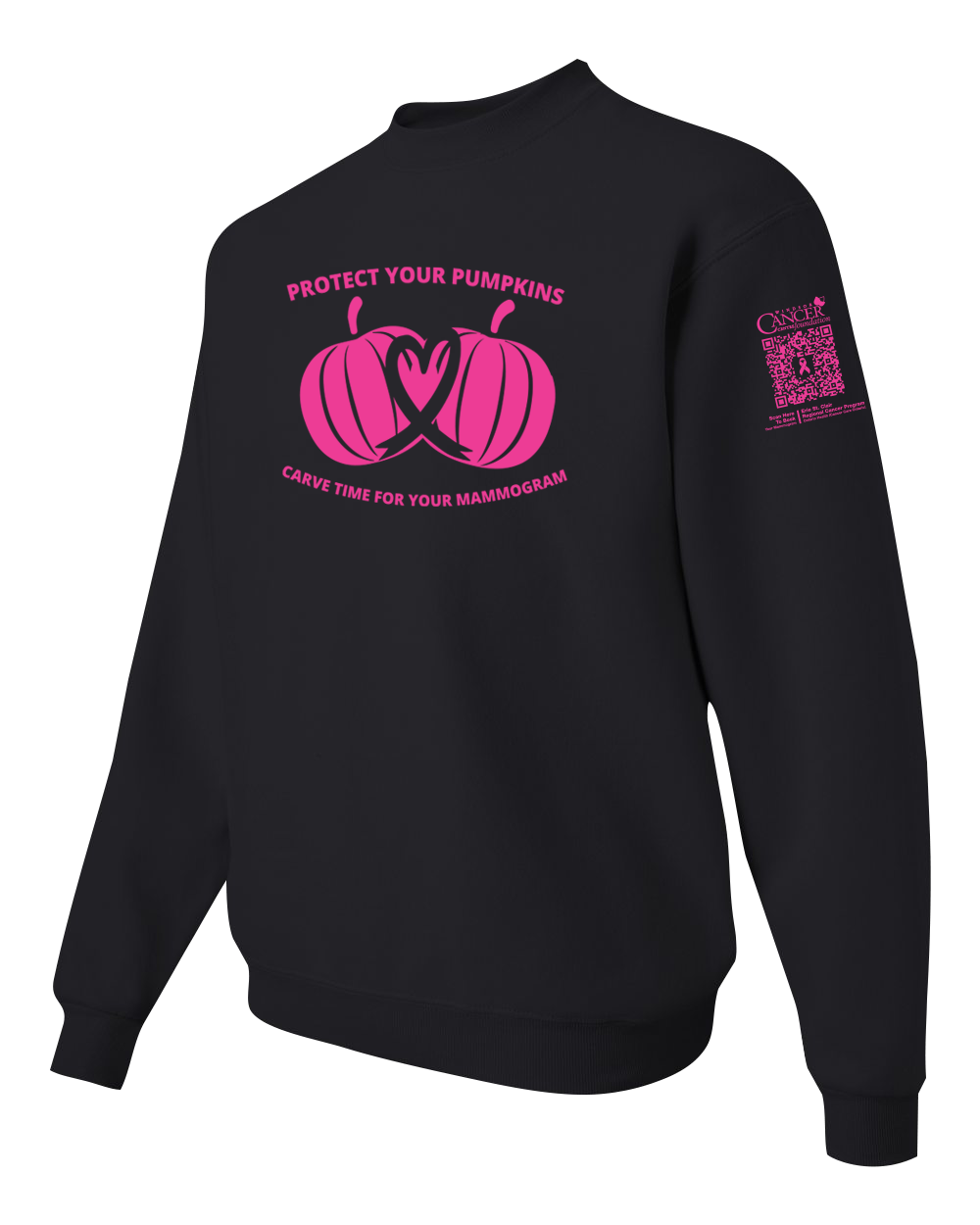 Black crewneck sweatshirt with pink pumpkin design and text for protect your pumpkins and mammogram screening