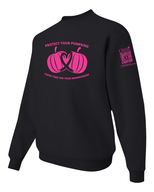 Black crewneck sweatshirt with pink pumpkin design and text for protect your pumpkins and mammogram screening