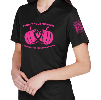 Black v-neck fitted shirt with pink pumpkin design and text for protect your pumpkins and mammogram screening