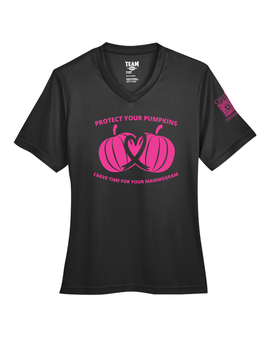 Black v-neck fitted shirt with pink pumpkin design and text for protect your pumpkins and mammogram screening