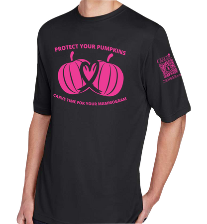 Black crewneck t-shirt with pink pumpkin design and text for protect your pumpkins and mammogram screening