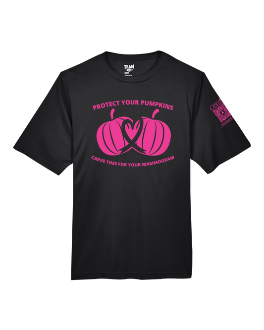 Black crewneck t-shirt with pink pumpkin design and text for protect your pumpkins and mammogram screening