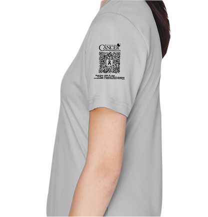 Grey v-neck fitted shirt with black and pink pumpkin design and text for protect your pumpkins and mammogram screening