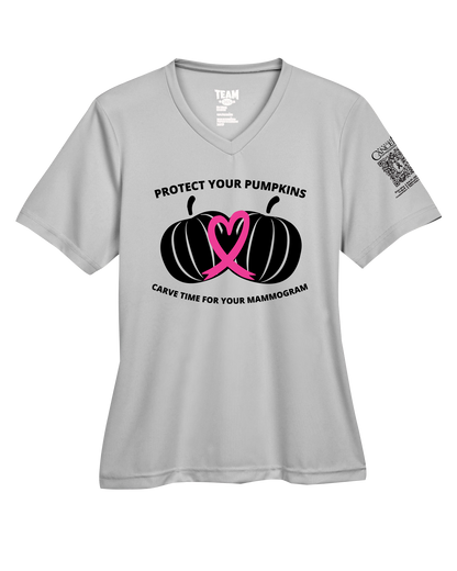 Grey v-neck fitted shirt with black and pink pumpkin design and text for protect your pumpkins and mammogram screening