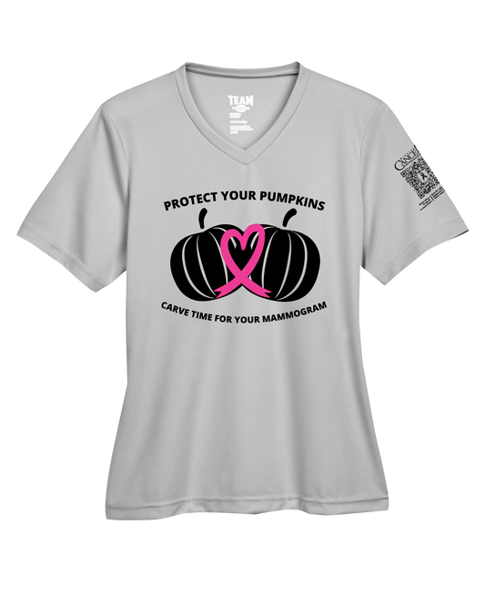 Grey v-neck fitted shirt with black and pink pumpkin design and text for protect your pumpkins and mammogram screening