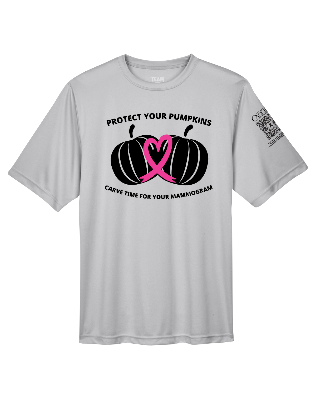 Grey crewneck t-shirt with black and pink pumpkin design and text for protect your pumpkins and mammogram screening