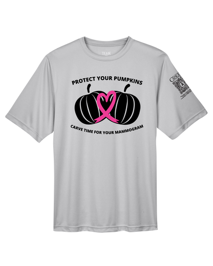 Grey crewneck t-shirt with black and pink pumpkin design and text for protect your pumpkins and mammogram screening