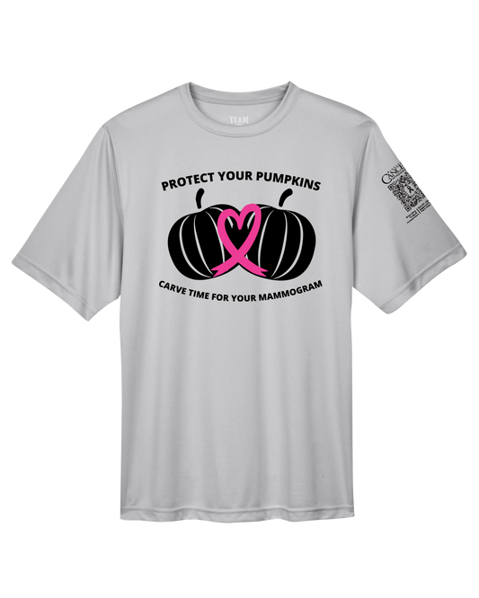 Grey crewneck t-shirt with black and pink pumpkin design and text for protect your pumpkins and mammogram screening