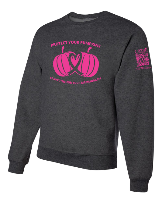 Heather black crewneck sweatshirt with pink pumpkin design and text for protect your pumpkins and mammogram screening