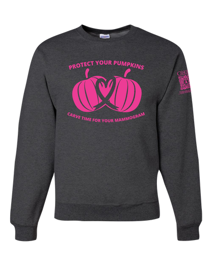 Heather black crewneck sweatshirt with pink pumpkin design and text for protect your pumpkins and mammogram screening