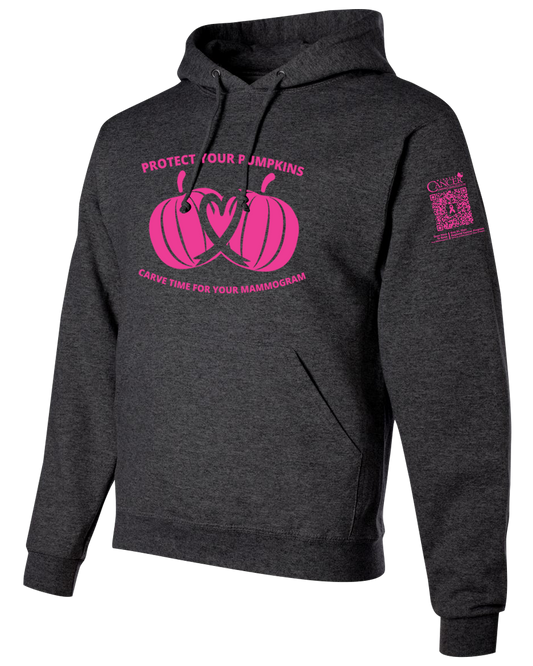 Heather black hoodie with pink pumpkin design and text for protect your pumpkins and mammogram screening
