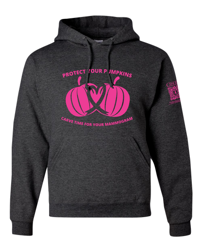 Heather black hoodie with pink pumpkin design and text for protect your pumpkins and mammogram screening