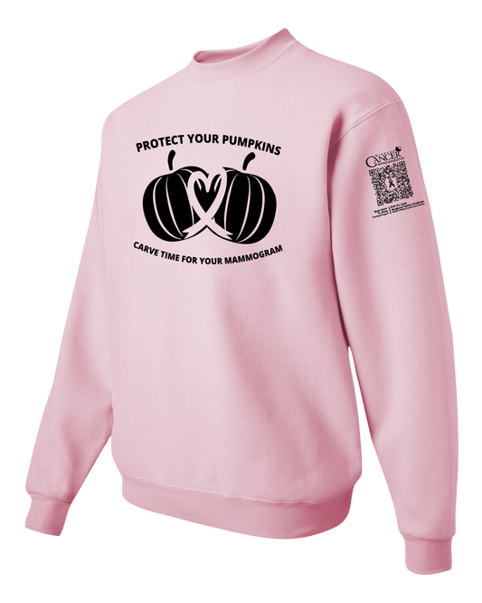 Pink crewneck sweatshirt with black pumpkin design and text for protect your pumpkins and mammogram screening
