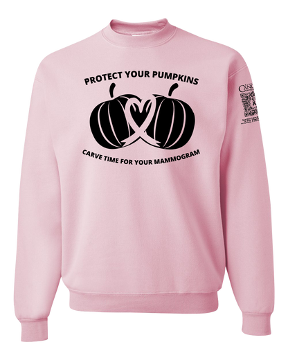 Pink crewneck sweatshirt with black pumpkin design and text for protect your pumpkins and mammogram screening